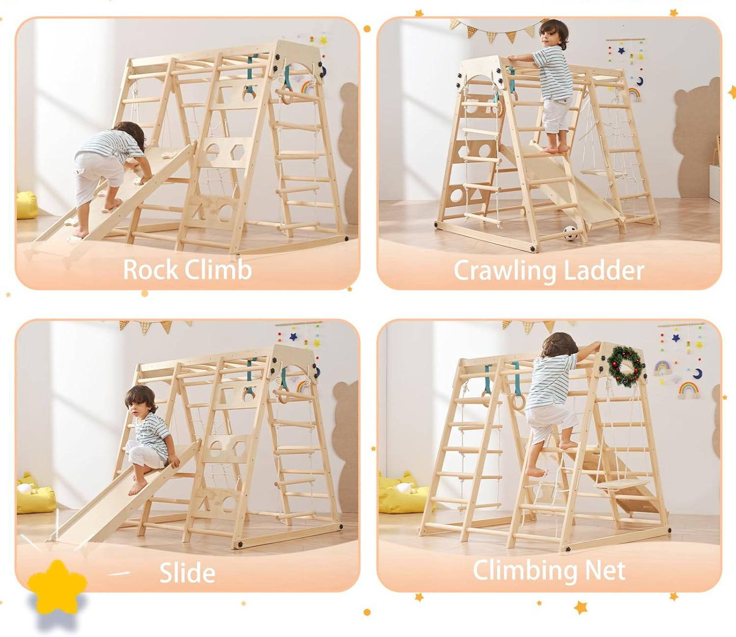 Montessori Klettergerüst aus Holz mit Rutsche und Schaukel für Kinder