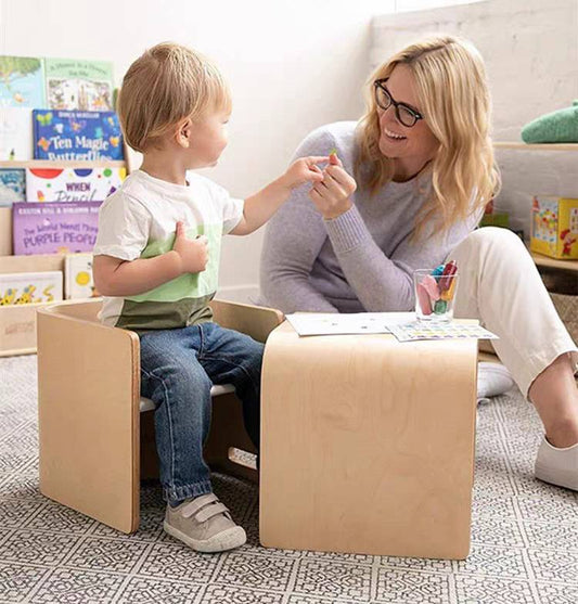 Montessori Kinderstuhl Holz 3in1 Multifunktion Sitzhocker Tisch für Kinder