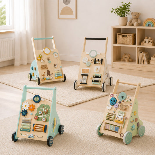 Drei Varianten eines Montessori Lauflernwagens aus Holz für Kinder im modernen Kinderzimmer