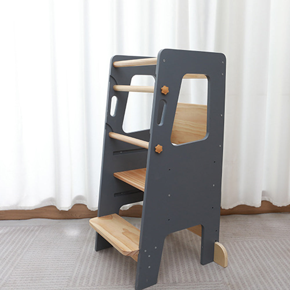 Montessori Lernturm in Grau und Naturholz – sicherer, höhenverstellbarer Tritthocker aus Holz für Kinder