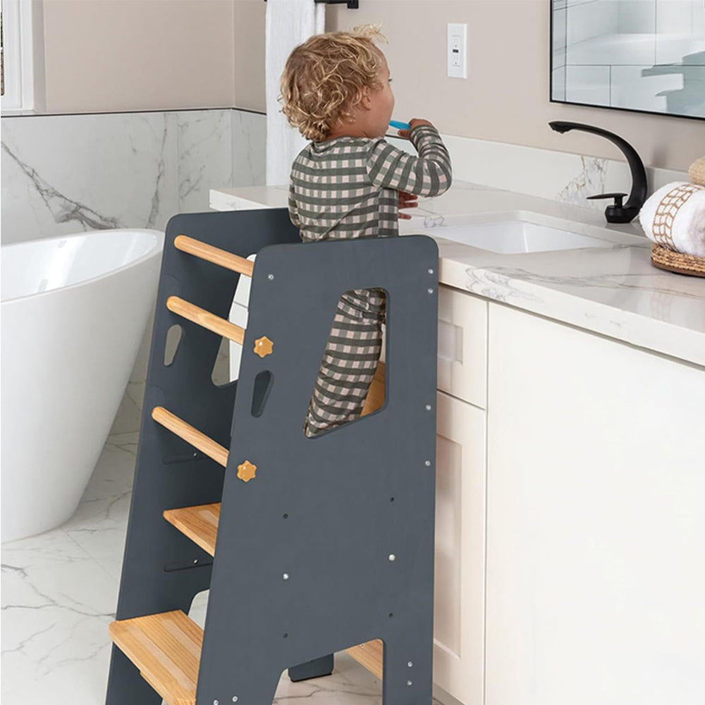 Montessori Lernturm in Grau und Naturholz – sicherer, höhenverstellbarer Tritthocker aus Holz für Kinder
