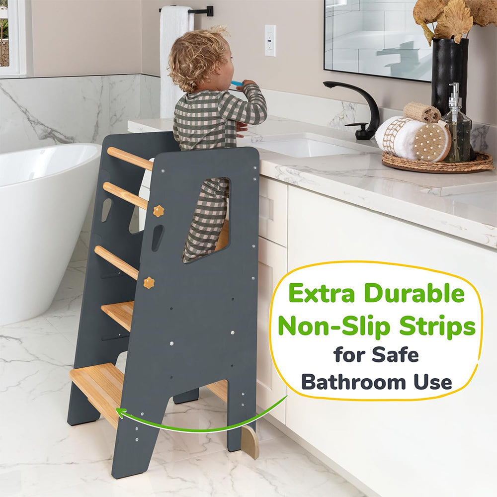 Montessori Lernturm in Grau und Naturholz – sicherer, höhenverstellbarer Tritthocker aus Holz für Kinder