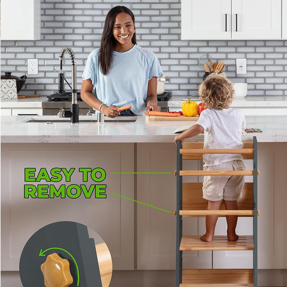 Montessori Lernturm in Grau und Naturholz – sicherer, höhenverstellbarer Tritthocker aus Holz für Kinder