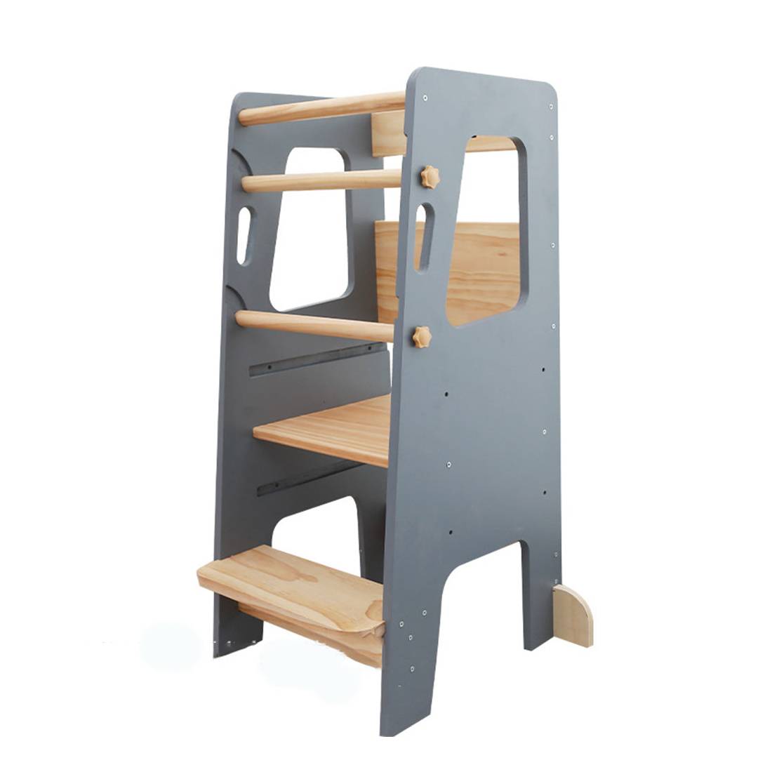 Montessori Lernturm in Grau und Naturholz – sicherer, höhenverstellbarer Tritthocker aus Holz für Kinder