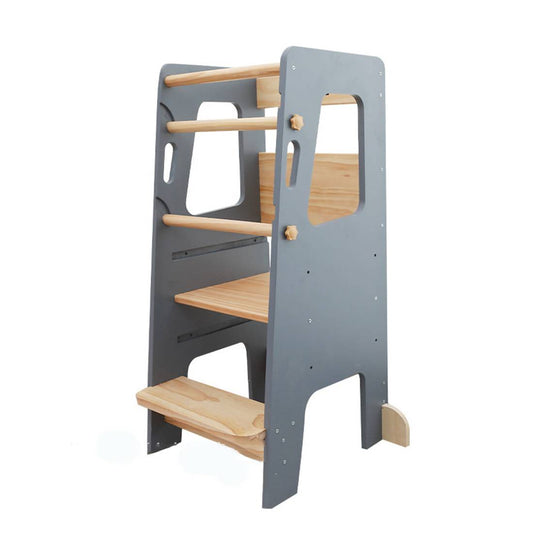 Montessori Lernturm in Grau und Naturholz – sicherer, höhenverstellbarer Tritthocker aus Holz für Kinder