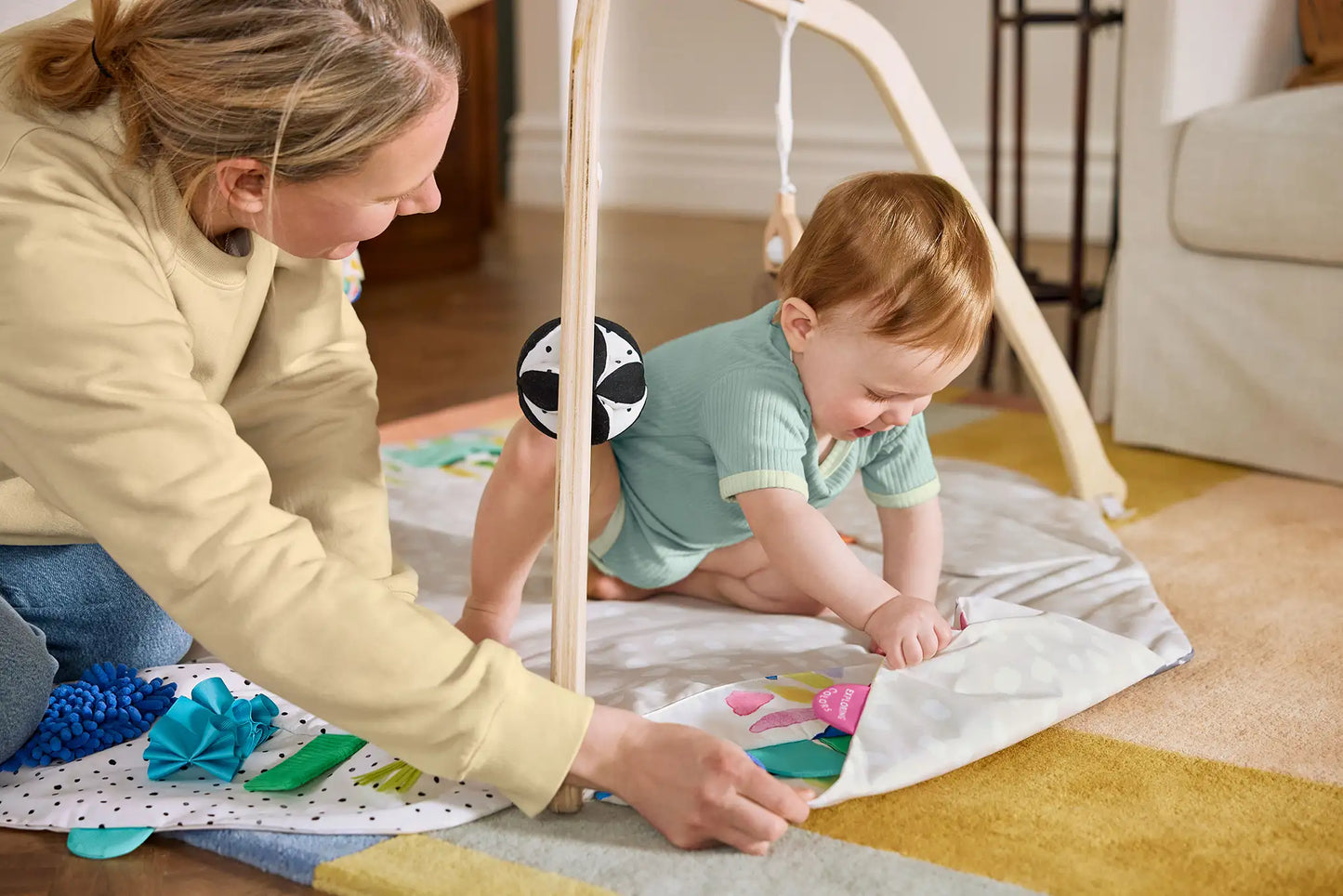 Montessori Wooden Play Gym – 5 Zones & 6 Sensory Toys