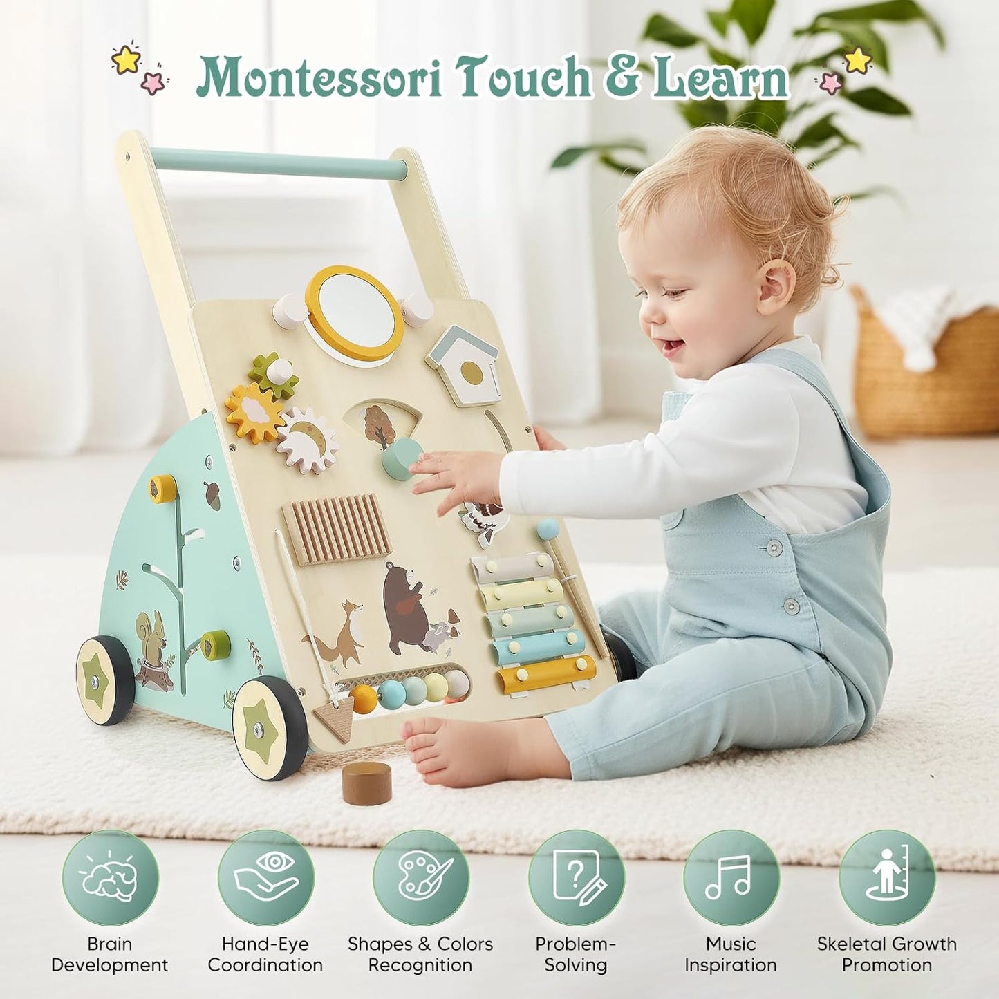Montessori Schiebewagen aus Holz – 6-in-1 Spielzeug mit Spielelementen