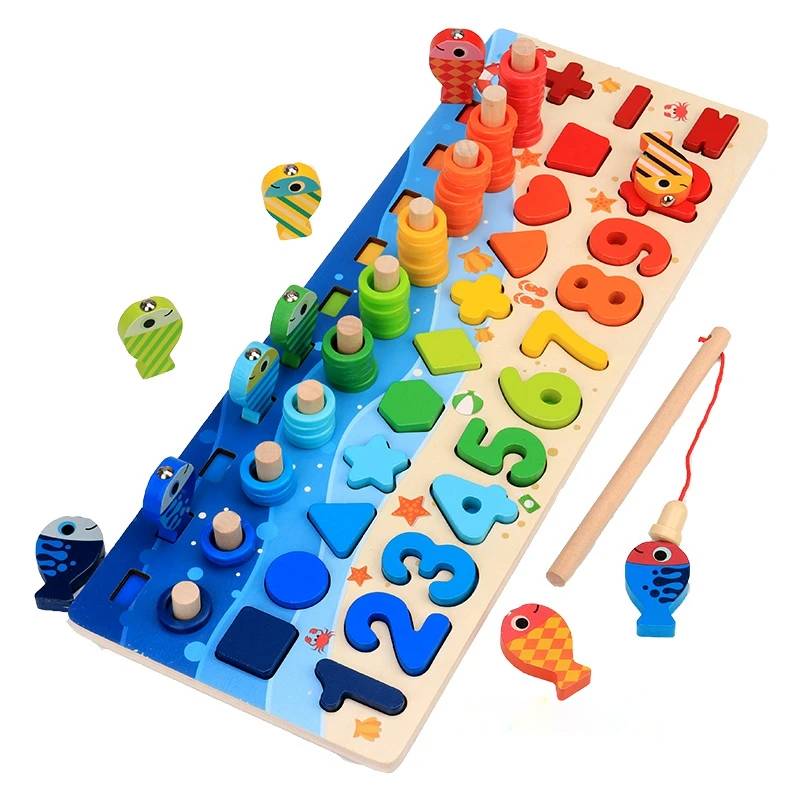 Juguete matemático de madera Montessori: tablero de conteo y juego de pesca para niños de 3 años en adelante