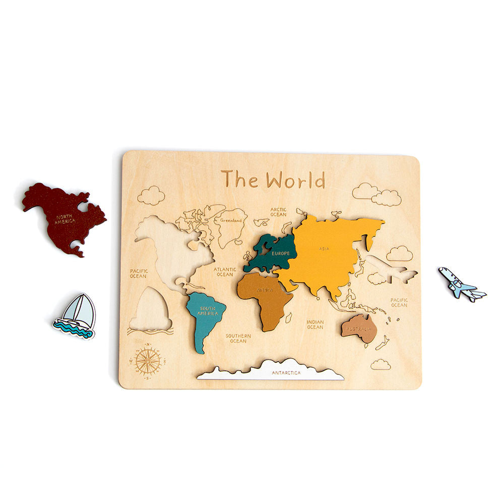MontessoriLernwelt Holz Weltkarten Puzzle mit einzelnen Teilen – Lernspielzeug ab 3 Jahren