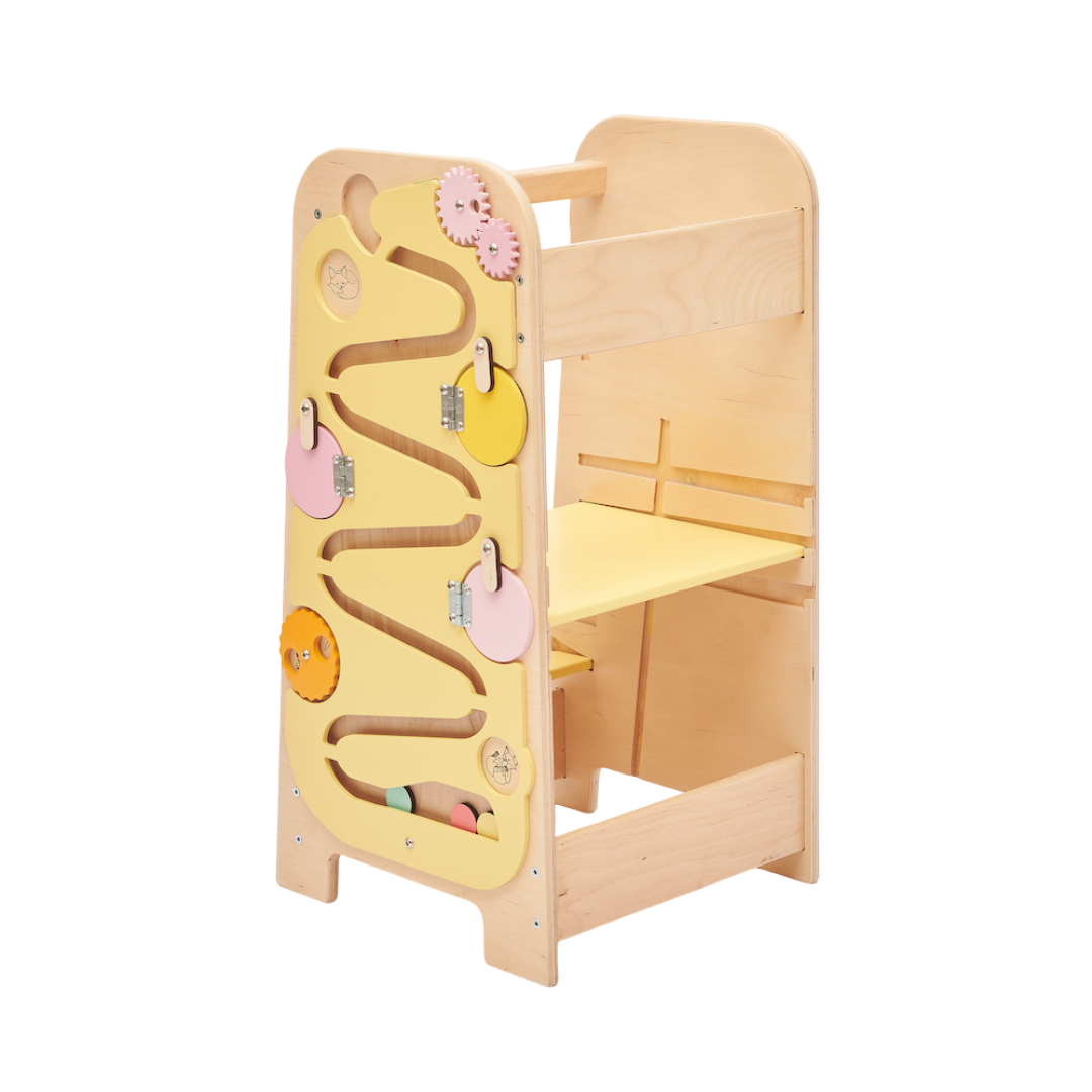Montessori Lernturm & Busy-Board-Stuhl – 5-in-1 Multifunktionale Aktivitätsstation für Kleinkinder