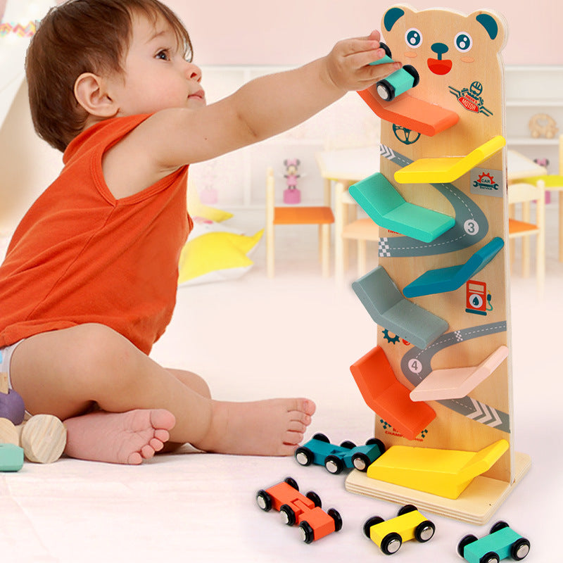 MontessoriLernwelt Bärchen-Kugelbahn aus Holz mit 6 bunten Autos – Lernspielzeug für Kinder ab 1 Jahr