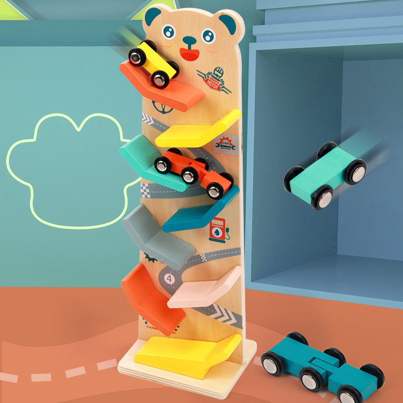 MontessoriLernwelt Bärchen-Kugelbahn aus Holz mit 6 bunten Autos – Lernspielzeug für Kinder ab 1 Jahr
