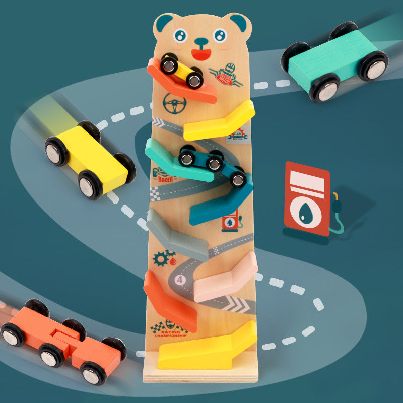 MontessoriLernwelt Bärchen-Kugelbahn aus Holz mit 6 bunten Autos – Lernspielzeug für Kinder ab 1 Jahr