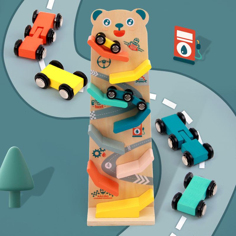 MontessoriLernwelt Bärchen-Kugelbahn aus Holz mit 6 bunten Autos – Lernspielzeug für Kinder ab 1 Jahr