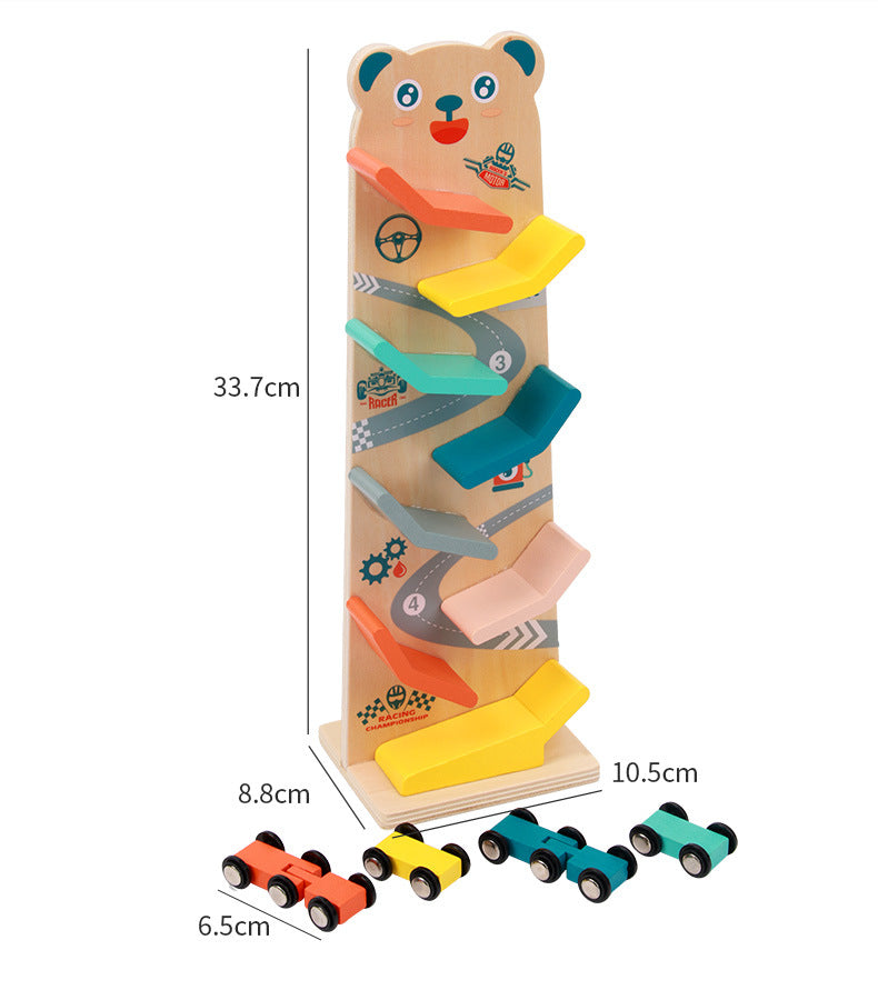 MontessoriLernwelt Bärchen-Kugelbahn aus Holz mit 6 bunten Autos – Lernspielzeug für Kinder ab 1 Jahr