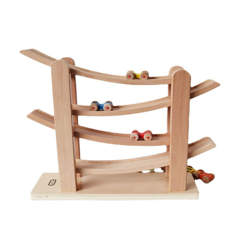 MontessoriLernwelt Buchenholz Kugelbahn mit 5 Autos – Holzspielzeug & Rennbahn, Montessori Lernspielzeug für Kinder 2–6 Jahre