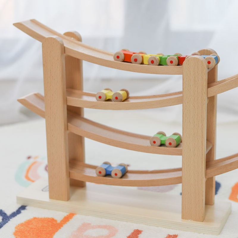 MontessoriLernwelt Buchenholz Kugelbahn mit 5 Autos – Holzspielzeug & Rennbahn, Montessori Lernspielzeug für Kinder 2–6 Jahre