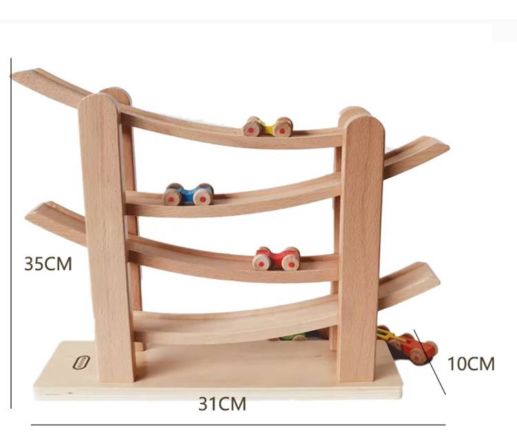 MontessoriLernwelt Buchenholz Kugelbahn mit 5 Autos – Holzspielzeug & Rennbahn, Montessori Lernspielzeug für Kinder 2–6 Jahre