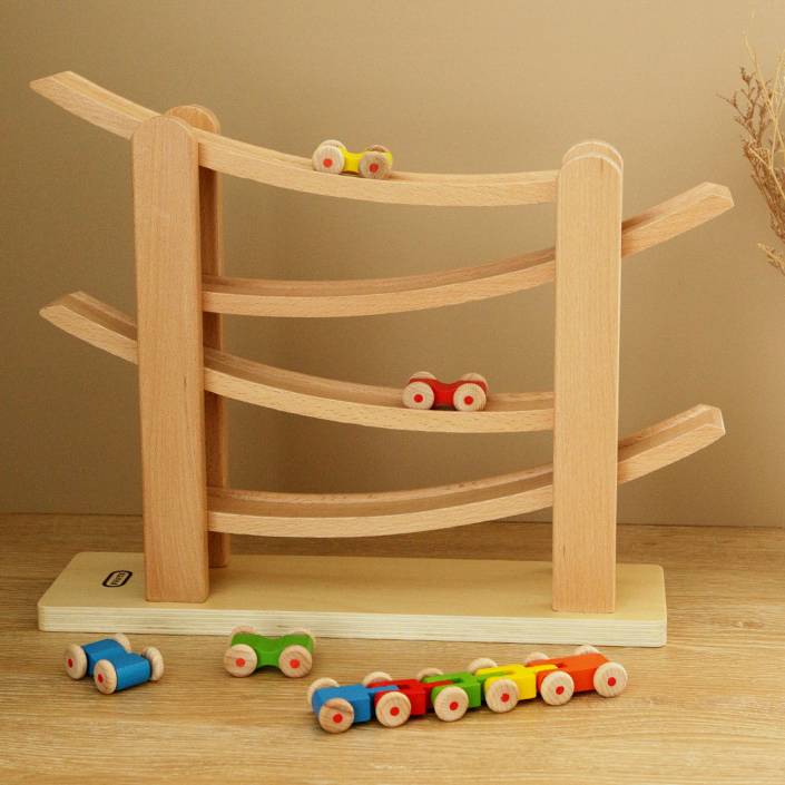 MontessoriLernwelt Buchenholz Kugelbahn mit 5 Autos – Holzspielzeug & Rennbahn, Montessori Lernspielzeug für Kinder 2–6 Jahre