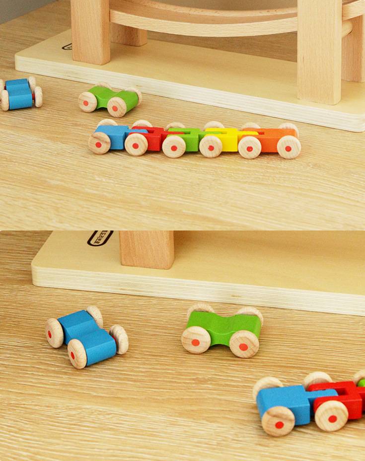 MontessoriLernwelt Buchenholz Kugelbahn mit 5 Autos – Holzspielzeug & Rennbahn, Montessori Lernspielzeug für Kinder 2–6 Jahre