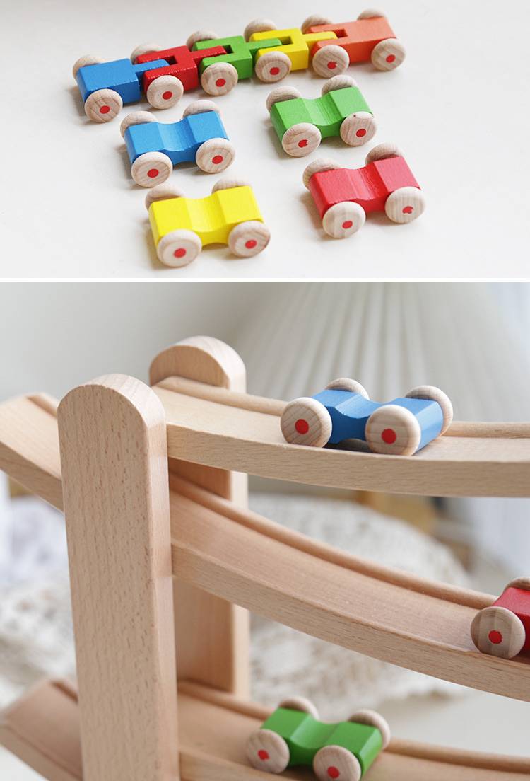 MontessoriLernwelt Buchenholz Kugelbahn mit 5 Autos – Holzspielzeug & Rennbahn, Montessori Lernspielzeug für Kinder 2–6 Jahre