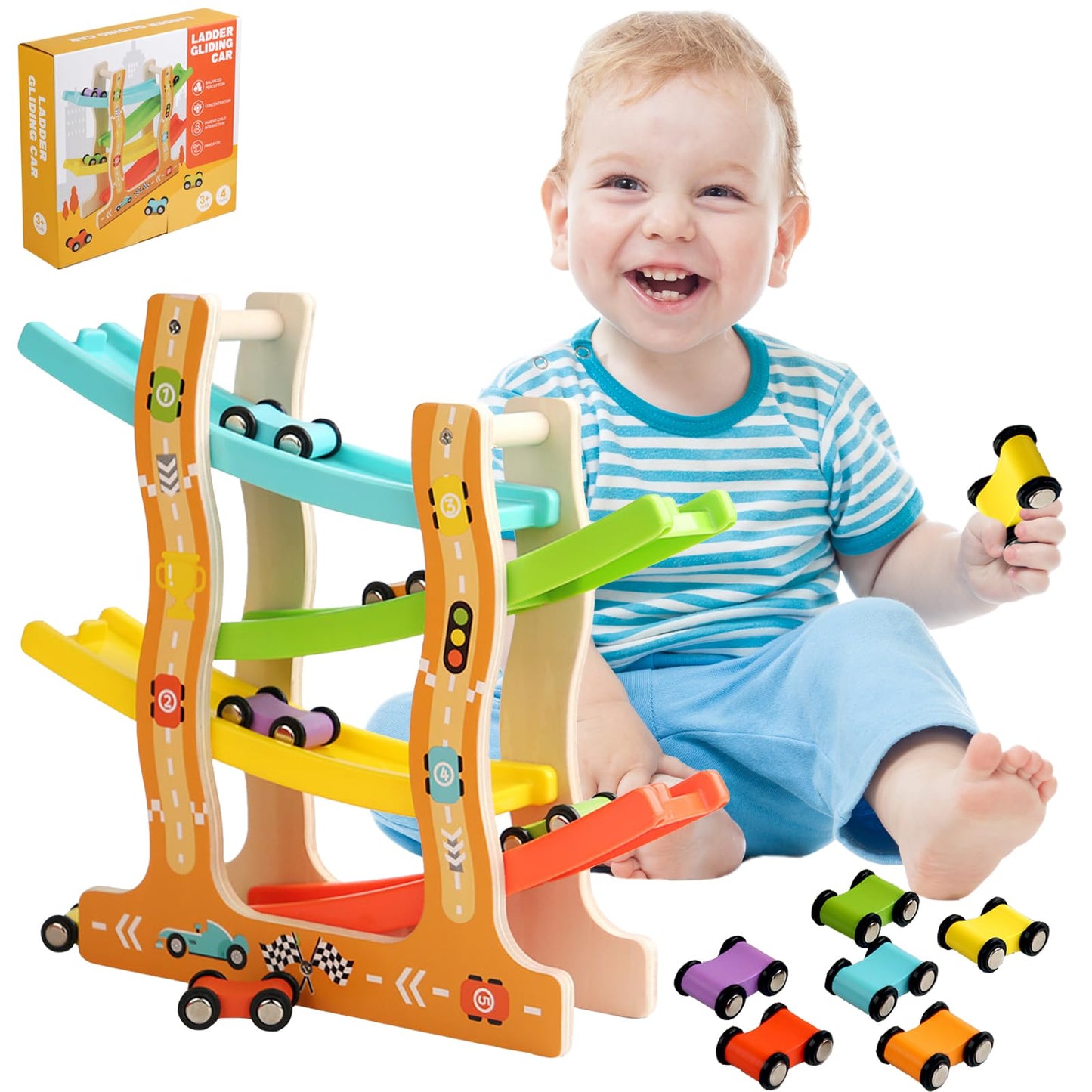 MontessoriLernwelt Kugelbahn Holz mit 6 Autos – buntes Lernspielzeug für Kinder ab 1 Jahr