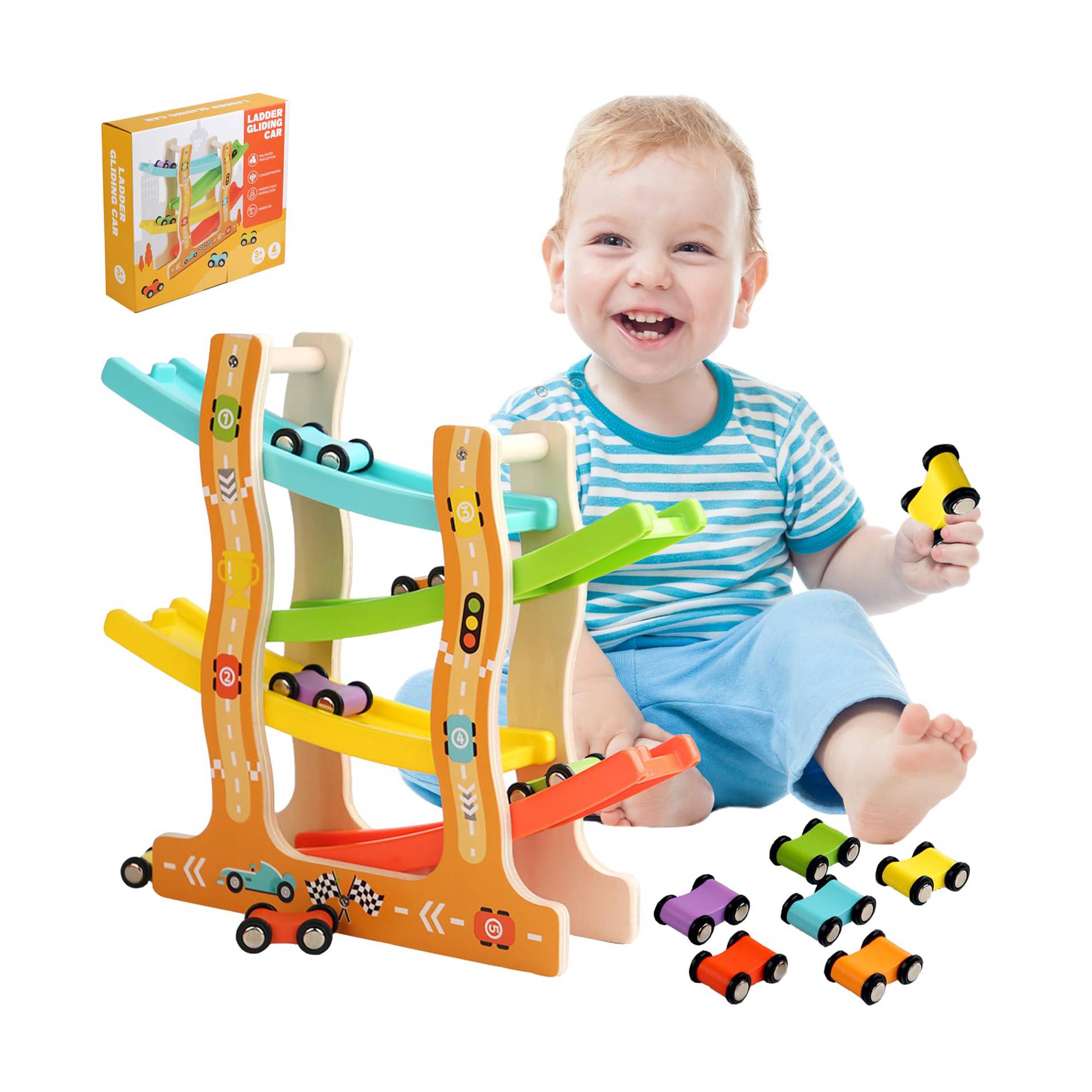 MontessoriLernwelt Kugelbahn Holz mit 6 Autos – buntes Lernspielzeug für Kinder ab 1 Jahr