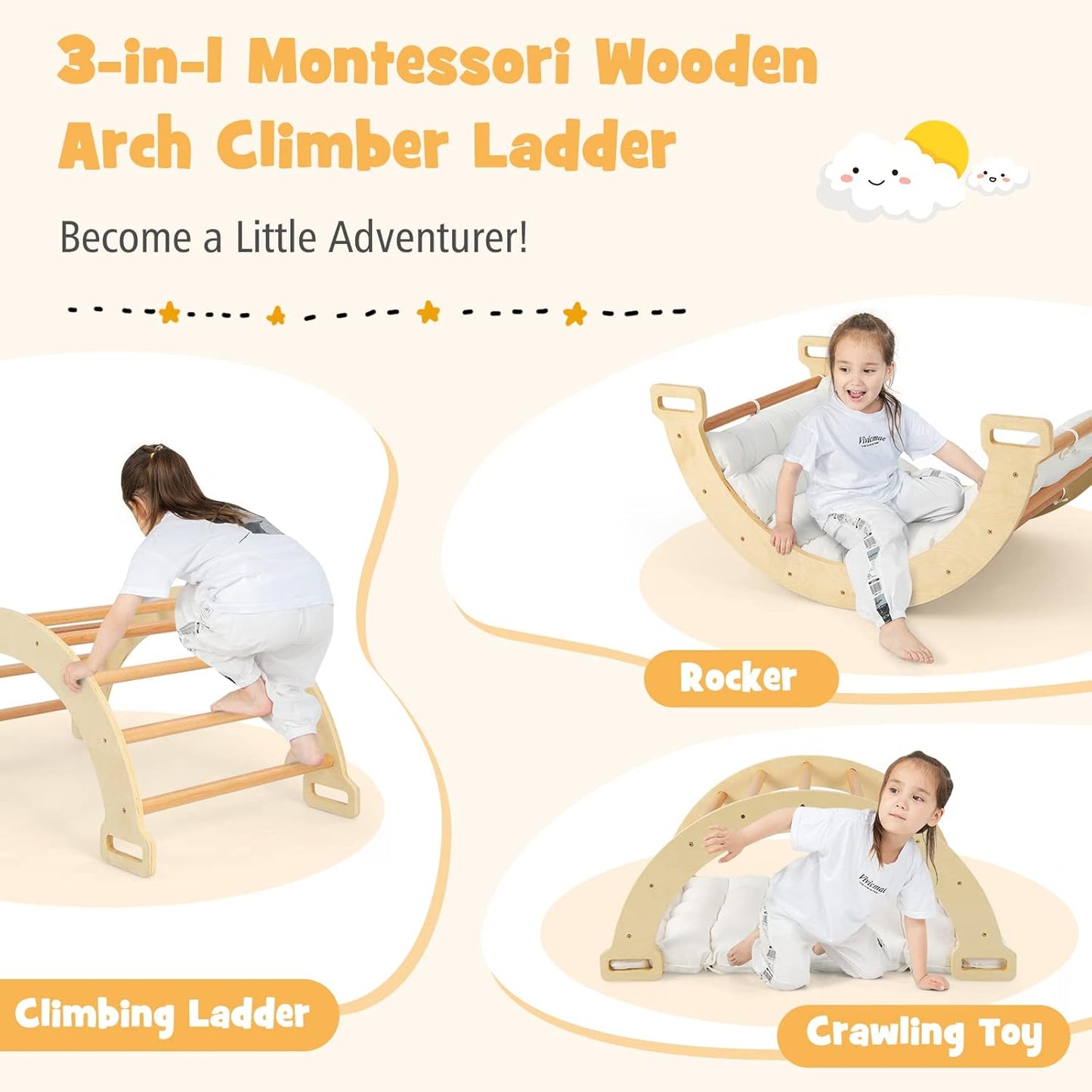 MontessoriLernwelt Kletterbogen & Waldorf Rocker mit Polster – Montessori Schaukel, Indoor Schaukel aus Buchenholz für Kleinkinder