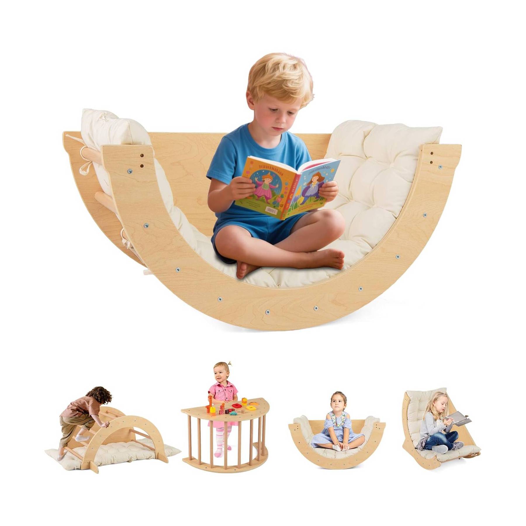 MontessoriLernwelt Waldorf Rocker – Kletterbogen mit weicher Matratze, Montessori Schaukel/Indoor-Schaukel aus Holz für Kinder