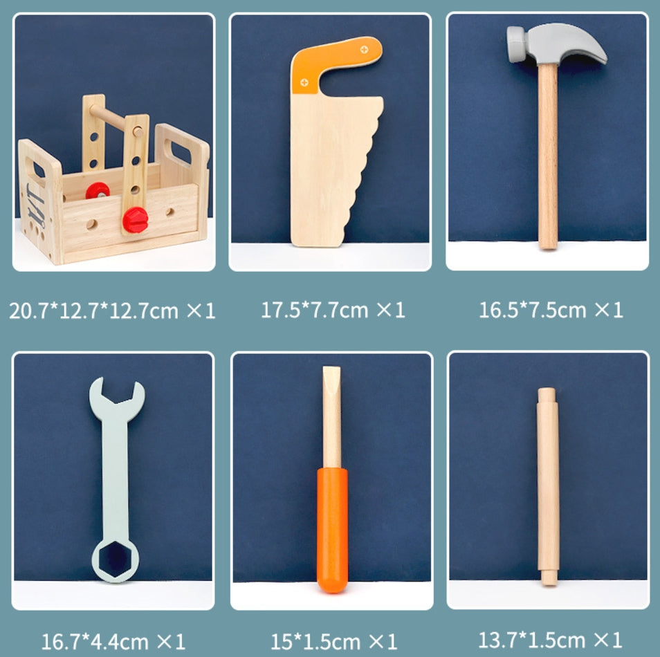 Ein Kind spielt mit einer tragbaren Holz-Schrauben-Reparaturbox, ideal für die Entwicklung von feinmotorischen Fähigkeiten und frühe Bildung.