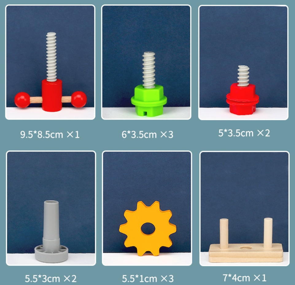 Ein Kind spielt mit einer tragbaren Holz-Schrauben-Reparaturbox, ideal für die Entwicklung von feinmotorischen Fähigkeiten und frühe Bildung.