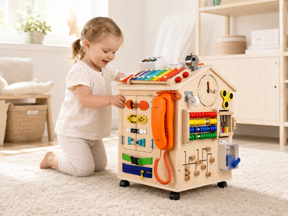 Kind spielt selbstständig mit einem Montessori Busy House aus Holz