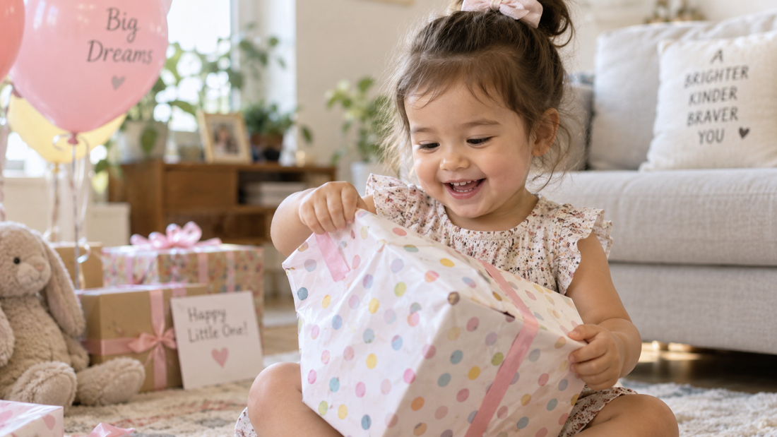 2-jähriges Kind öffnet begeistert ein Geburtstagsgeschenk im Wohnzimmer