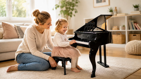 Kleinkind spielt gemeinsam mit seiner Mutter auf einem schwarzen Kinderklavier mit Hocker