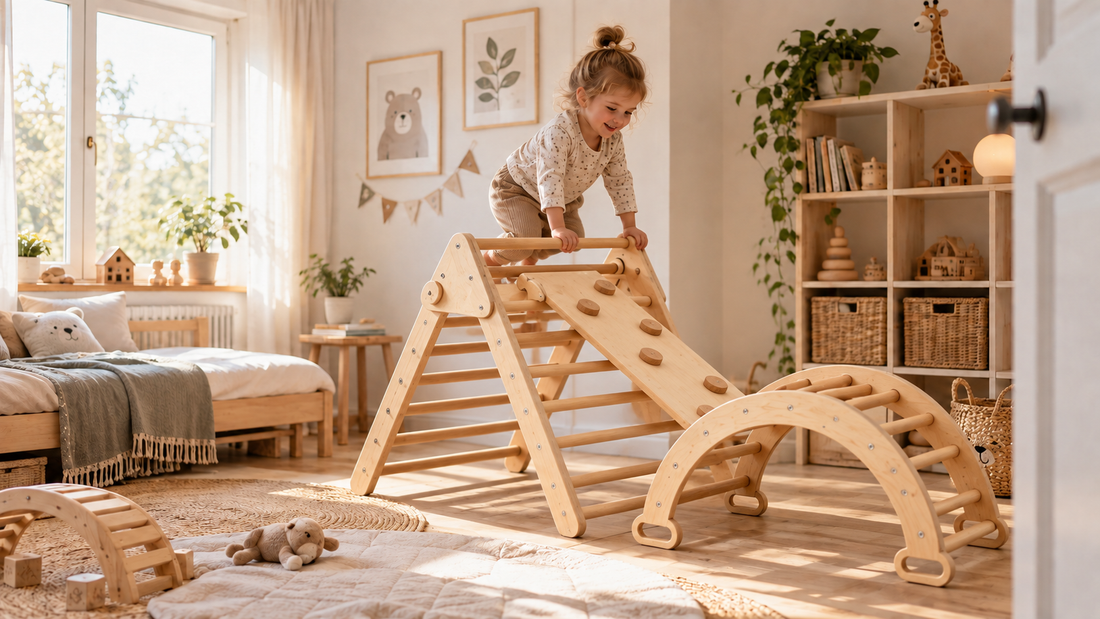 Kind spielt mit einem Montessori Klettergerüst mit Kletterdreieck im hellen Kinderzimmer