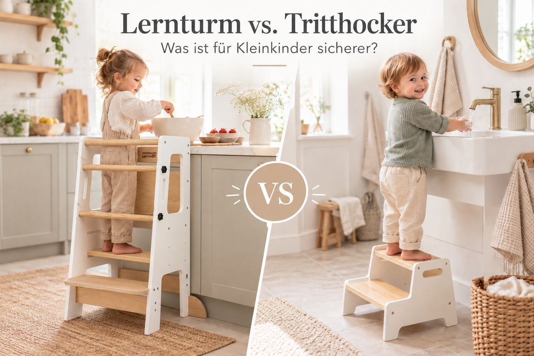 Lernturm und Tritthocker im Vergleich für Kleinkinder in Küche und Bad