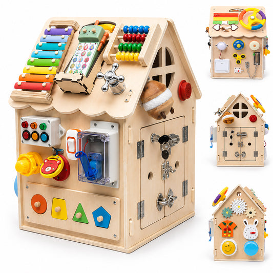 Montessori Busy House wooden activity toy with multiple sensory play features for toddlers