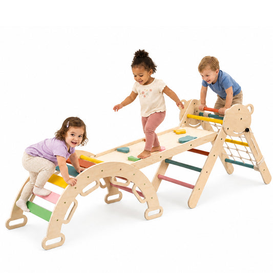 8-in-1 Montessori climbing set with wooden triangle ramp and slide for kids