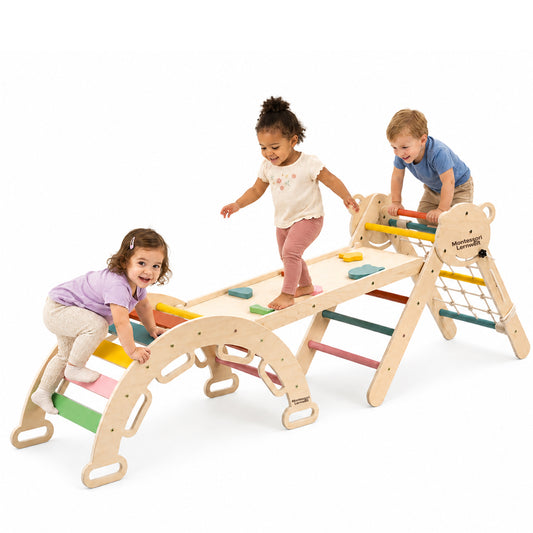 8-in-1 Montessori climbing set with wooden triangle ramp and slide for kids
