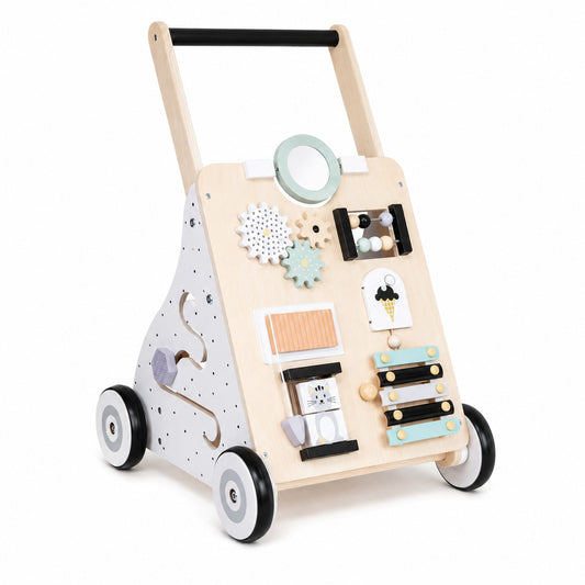 Montessori Lauflernwagen aus Holz mit Activity Board und Motorikspielzeug