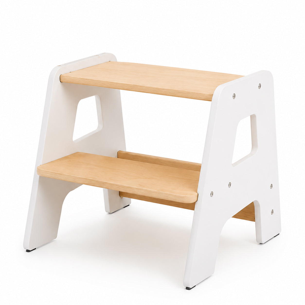 White Montessori step stool made of wood with two steps for toddlers