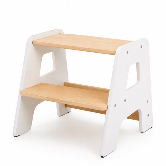 White Montessori step stool made of wood with two steps for toddlers
