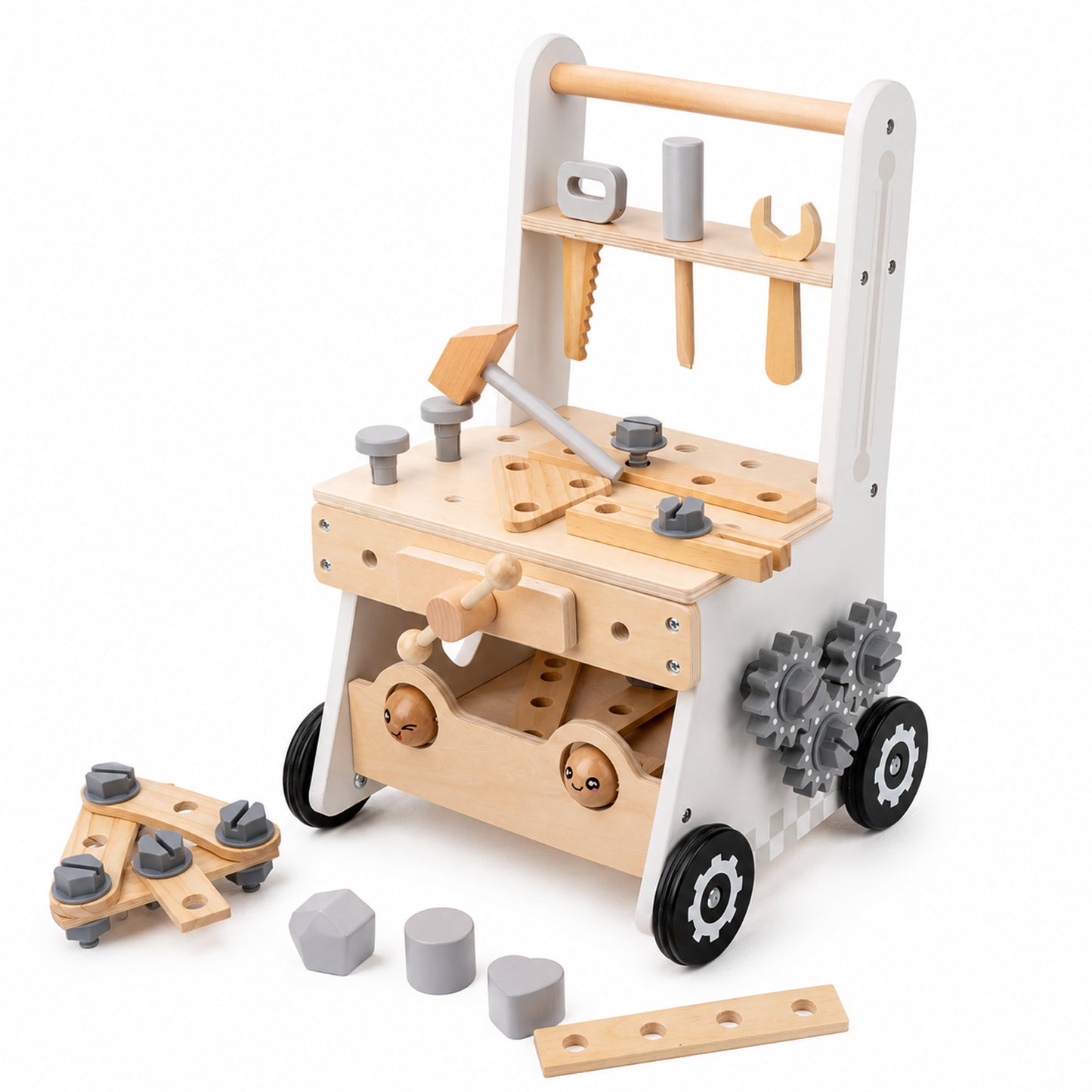 Montessori Lauflernwagen aus Holz mit integrierter Werkbank und Werkzeug