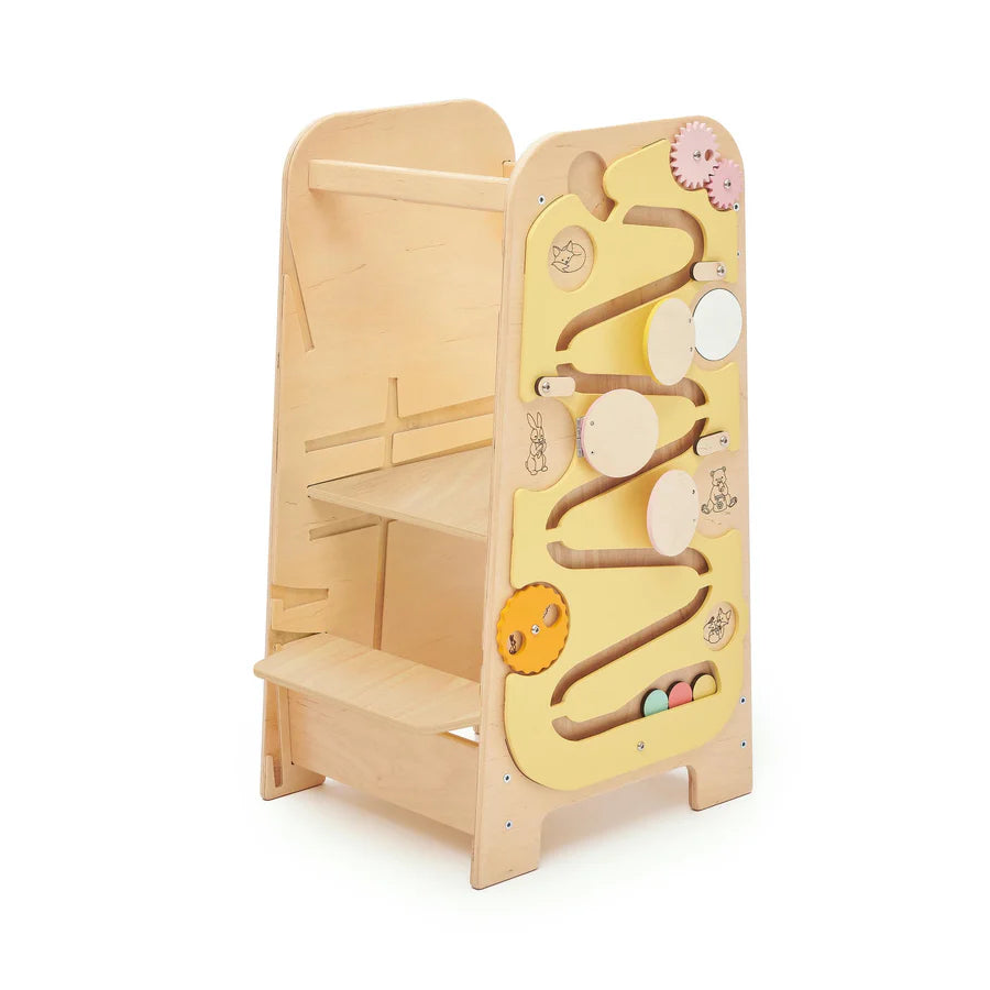 Montessori Lernturm & Busy-Board-Stuhl – 5-in-1 Multifunktionale Aktivitätsstation für Kleinkinder