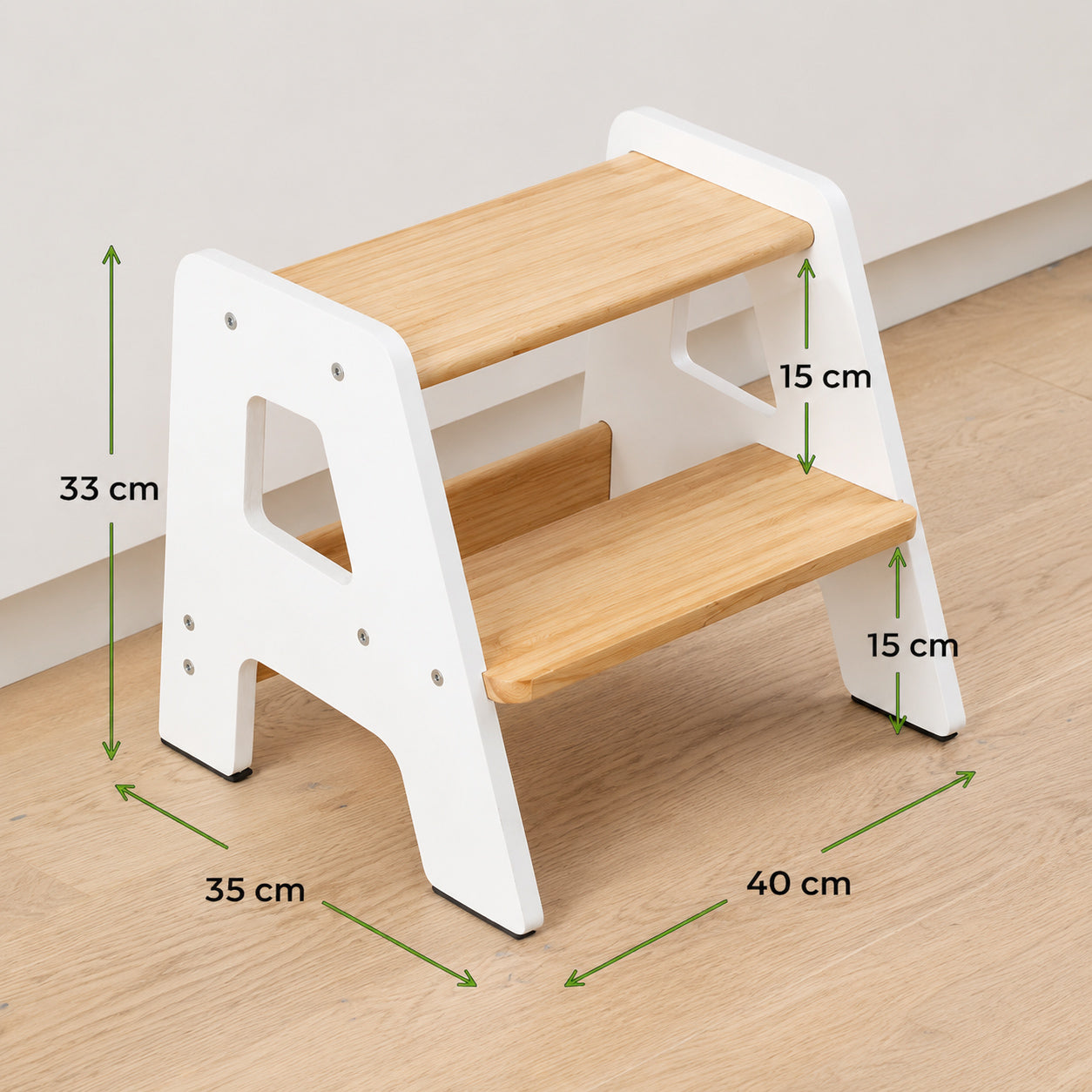 Montessori wooden step stool dimensions 40 x 35 x 33 cm with two step heights