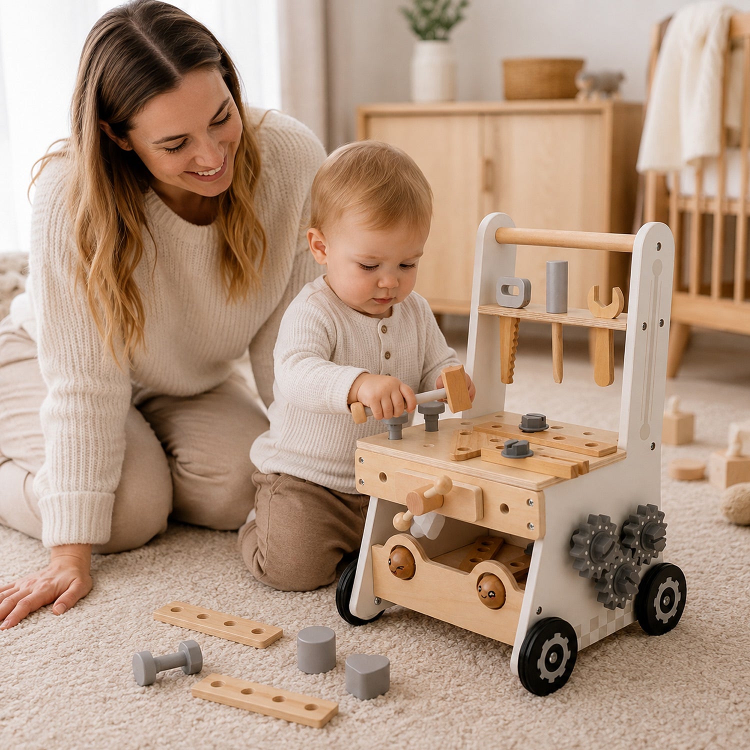 Eltern und Kind spielen gemeinsam mit einem Montessori Holzspielzeug