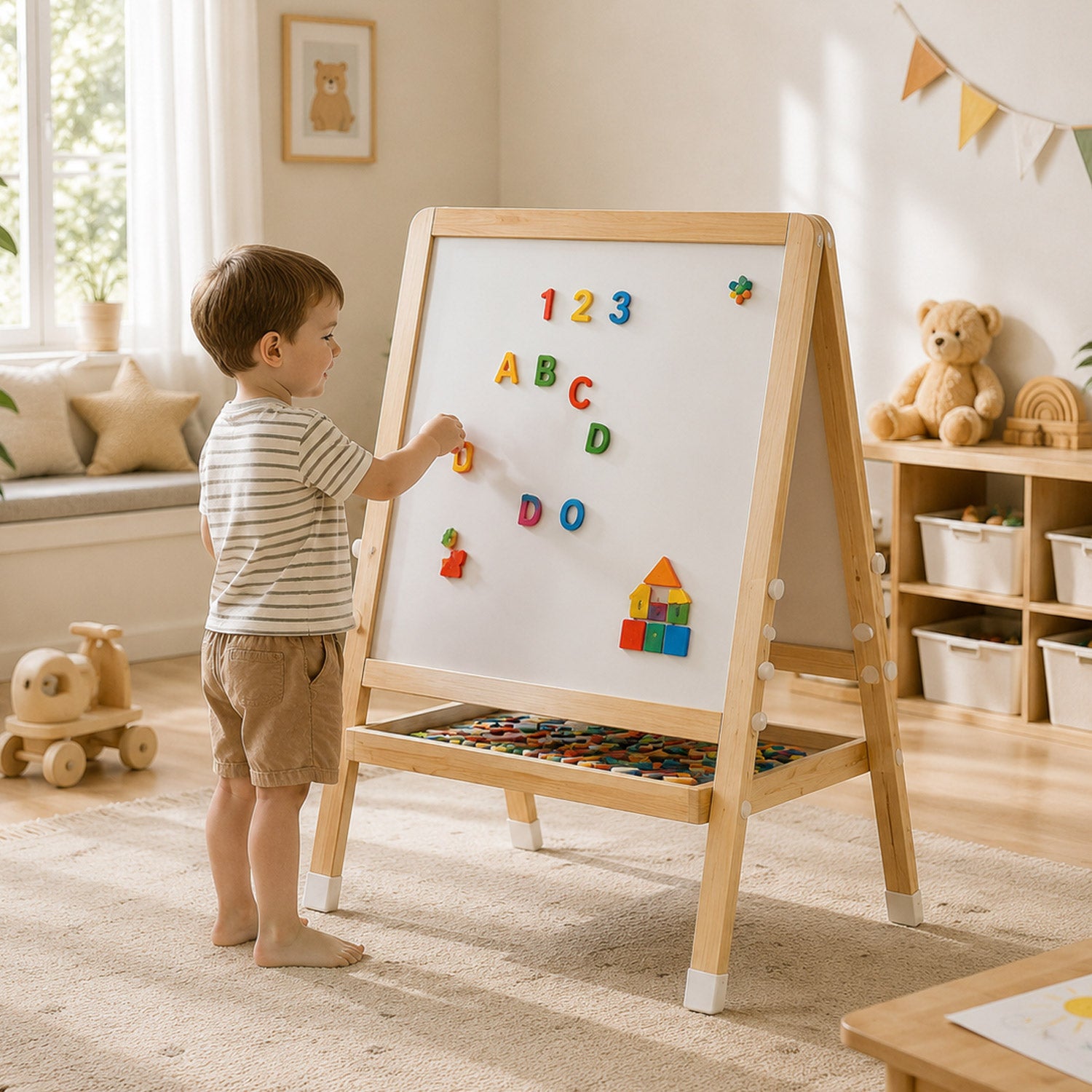 Kind nutzt die Montessori Kinderstaffelei mit magnetischer Weißwand zum Lernen und Spielen
