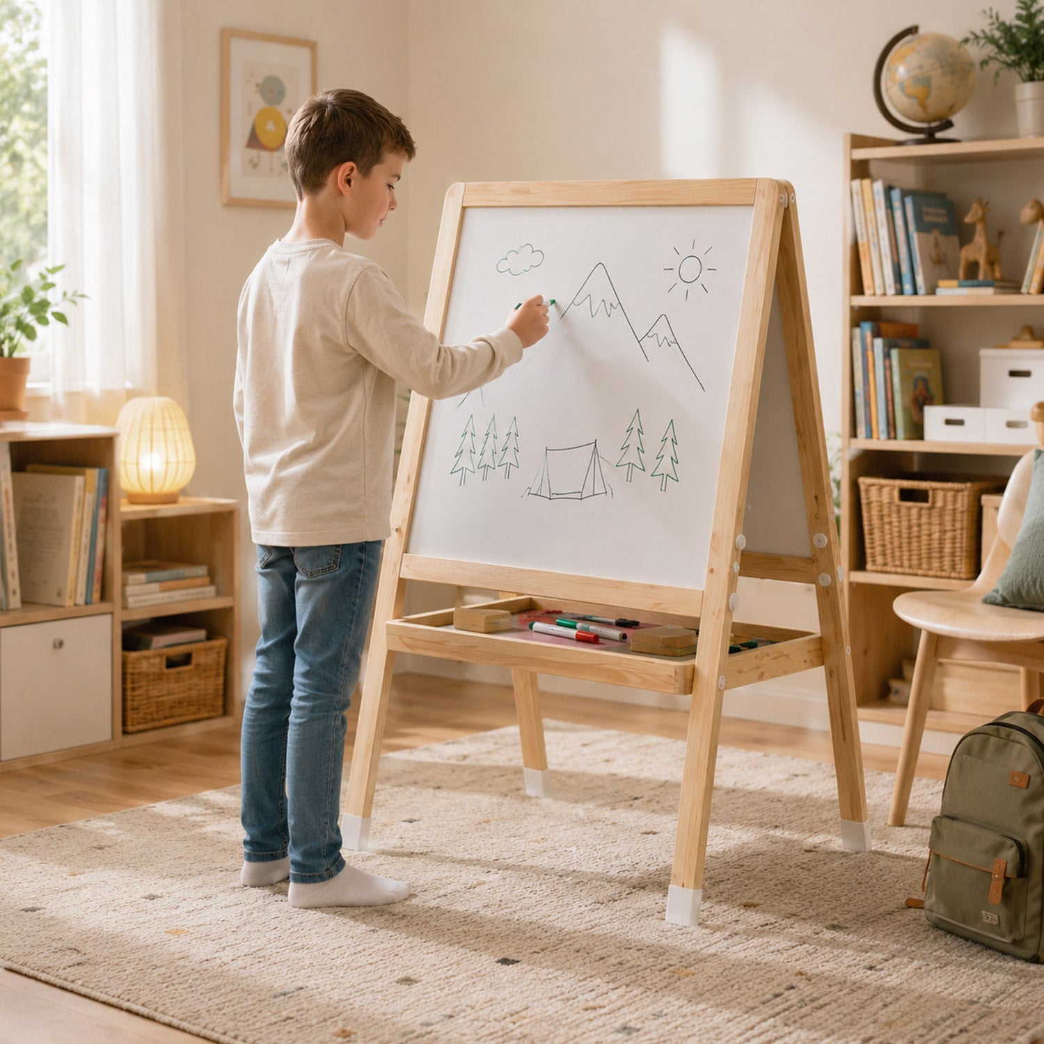 Höhenverstellbare Holz Kinderstaffelei mit Weißwand für kreatives Zeichnen im Kinderzimmer

