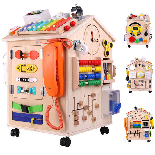 Montessori Busy House aus Holz mit 6 bespielbaren Seiten