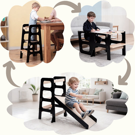 Montessori Lernturm 3-in-1 in Schwarz und Naturholz mit Rutsche und Tisch in der Gesamtansicht
